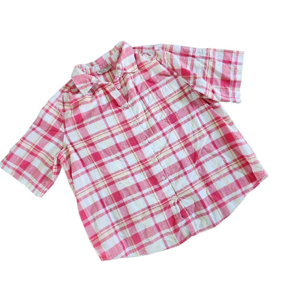 Woman Within Plaid Shirt 1X 22 24 Pink White Yellow Short Sleeve Roll Tab Check